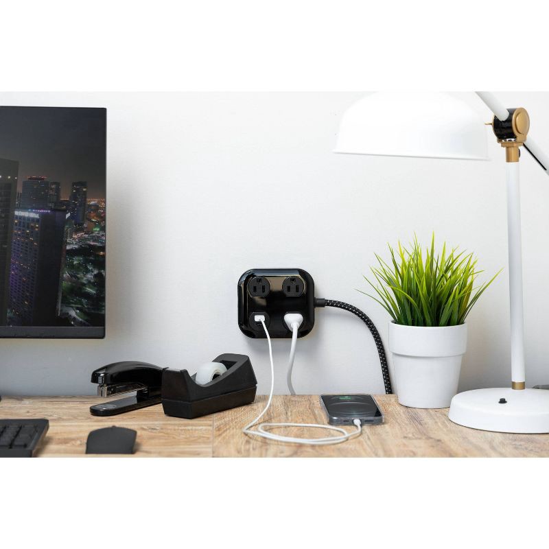 slide 7 of 8, General Electric GE 3 Outlet 1 USB-A and 1 USB-C 12W Shared 245 Joules 4' Braided Cord Black, 1 ct