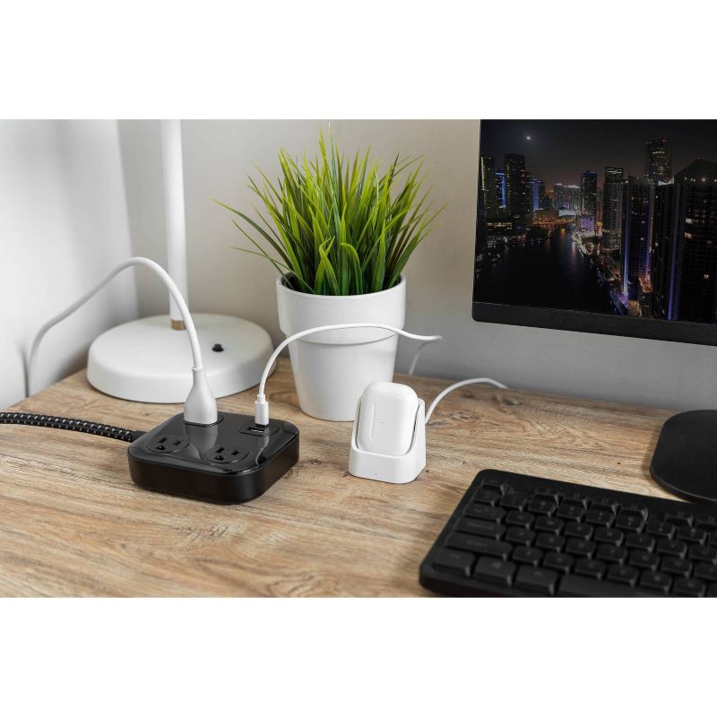 slide 8 of 8, General Electric GE 3 Outlet 1 USB-A and 1 USB-C 12W Shared 245 Joules 4' Braided Cord Black, 1 ct