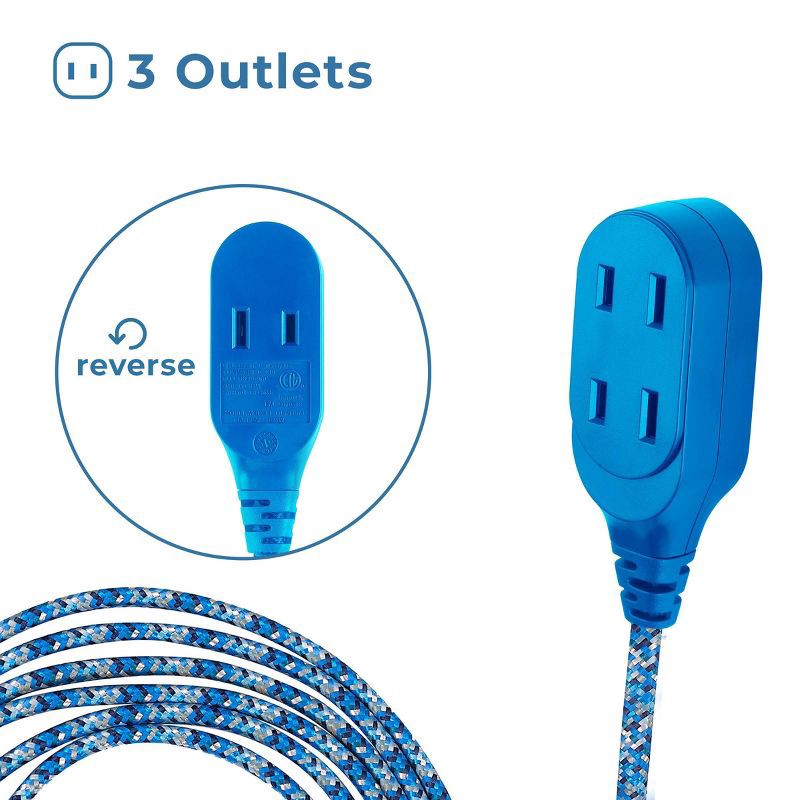 slide 2 of 8, Globe Electric 9' Fabric Extension Cord with 3 Polarized Outlets Metallic Blue, 1 ct