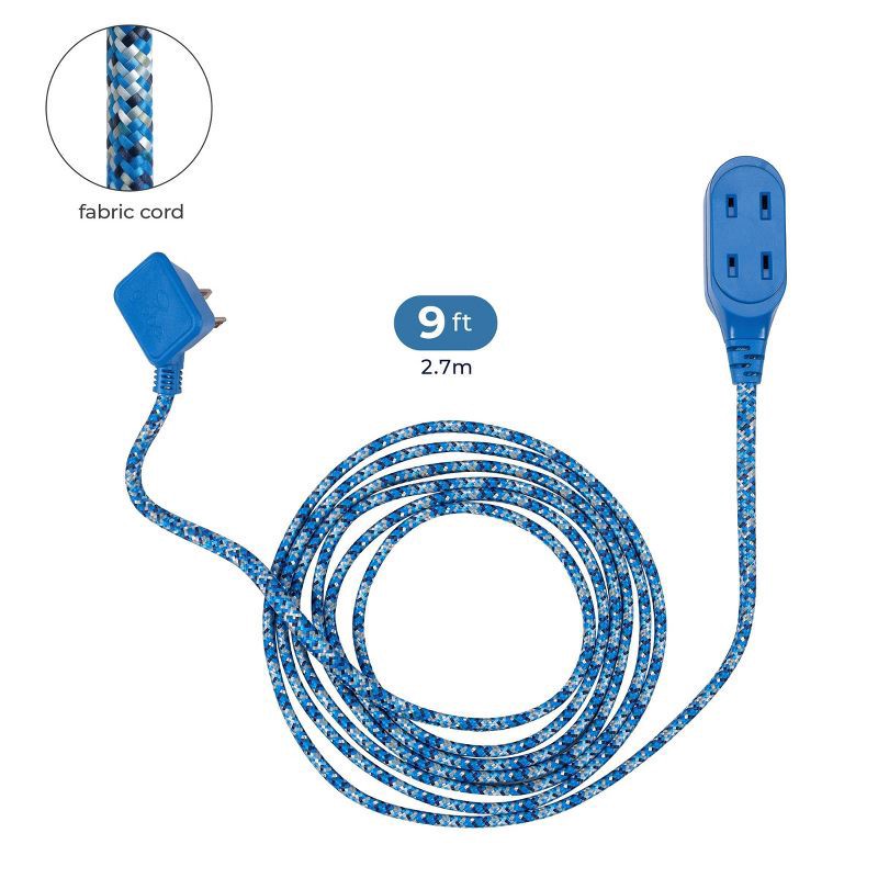 slide 1 of 8, Globe Electric 9' Fabric Extension Cord with 3 Polarized Outlets Metallic Blue, 1 ct