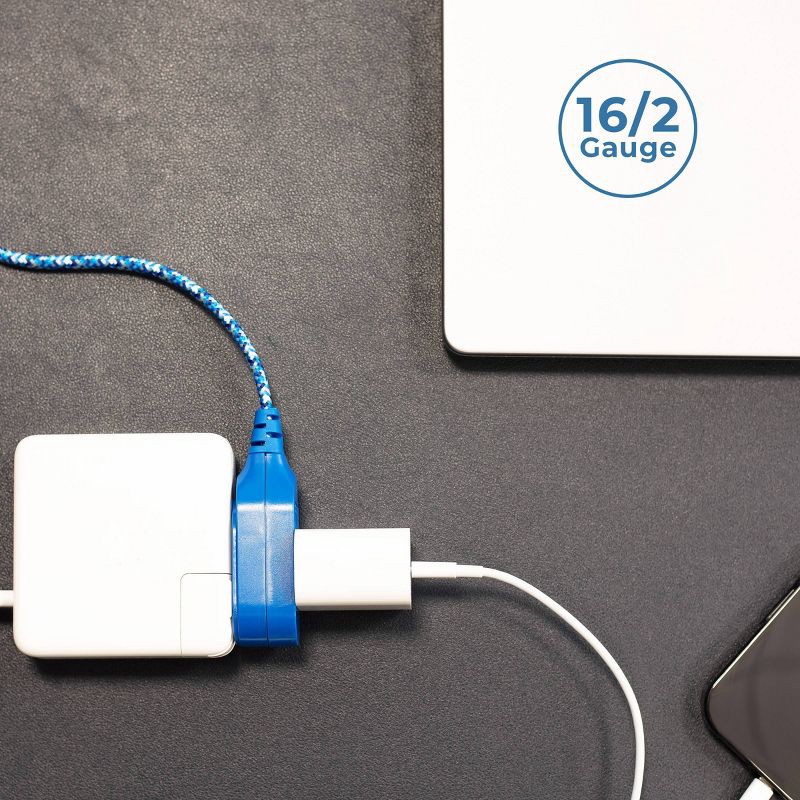 slide 8 of 8, Globe Electric 9' Fabric Extension Cord with 3 Polarized Outlets Metallic Blue, 1 ct