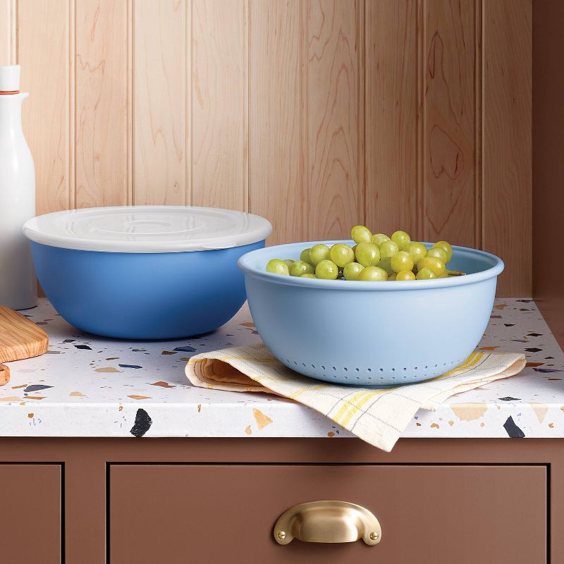 slide 2 of 3, 3pc Soak & Strain Colander and Bowl Set with Lid Blue - Room Essentials™, 3 ct