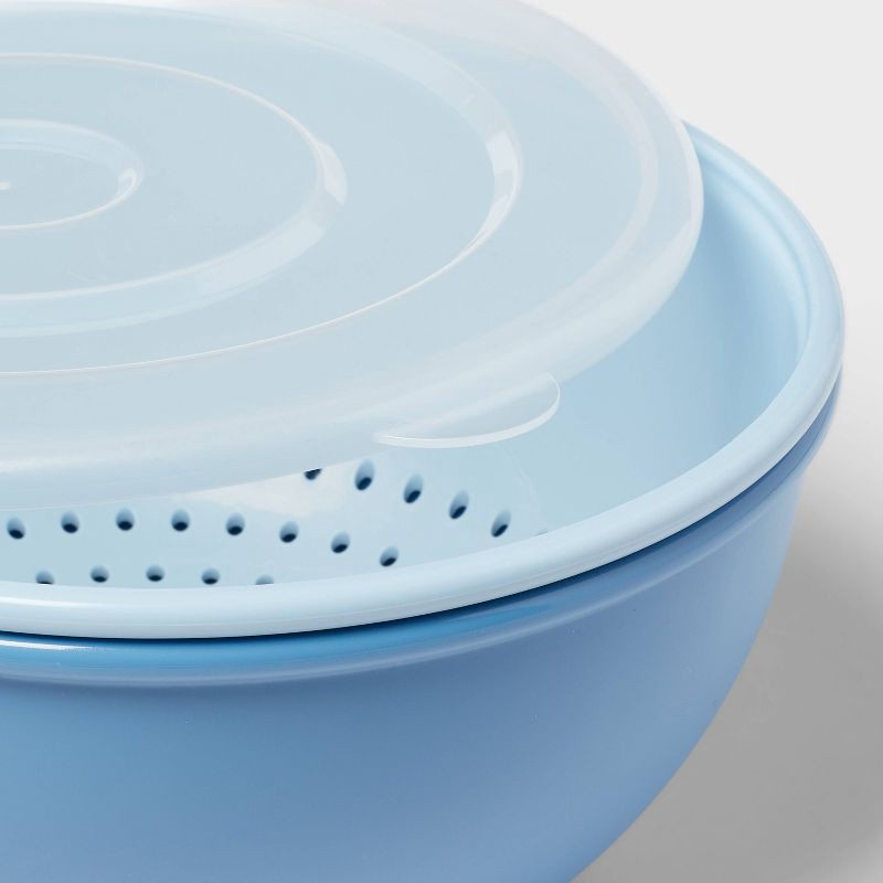 slide 3 of 3, 3pc Soak & Strain Colander and Bowl Set with Lid Blue - Room Essentials™, 3 ct