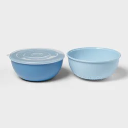 3pc Soak & Strain Colander and Bowl Set with Lid Blue - Room Essentials™