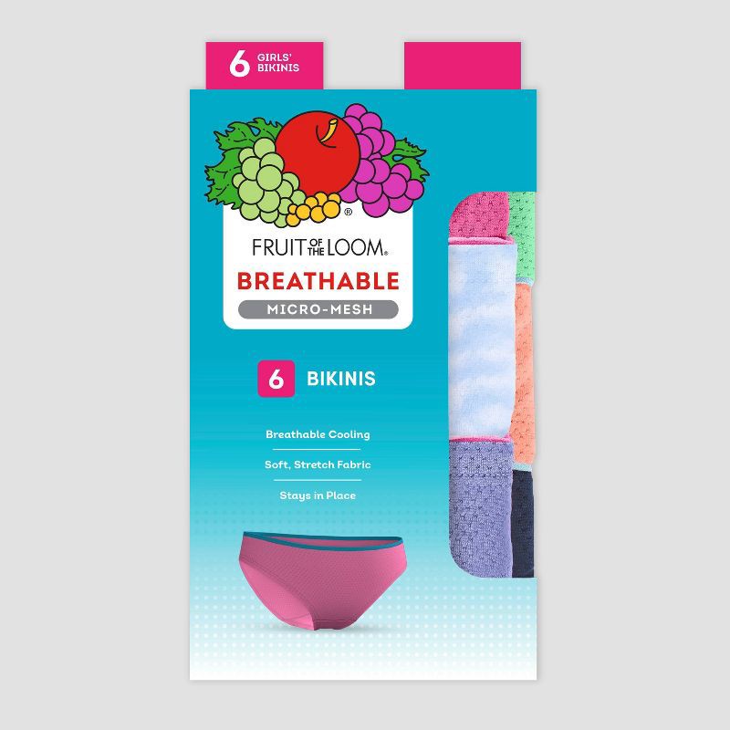 slide 2 of 3, Fruit of the Loom Girls' 6pk Breathable Bikini - 18, 6 ct