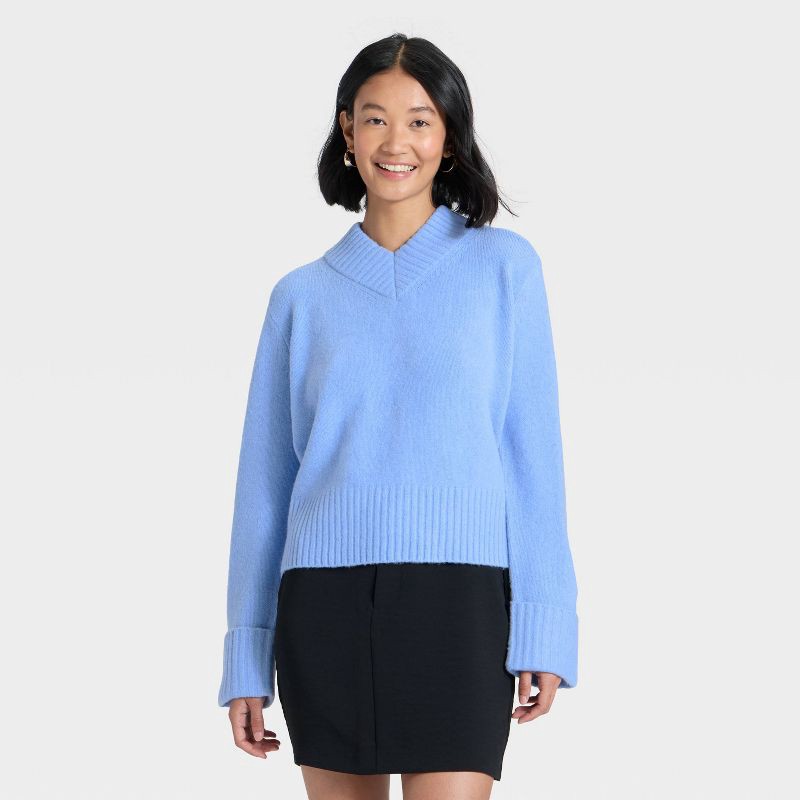 slide 1 of 3, Women's Cozy Knit Boxy Pullover Sweater - A New Day™ Blue XS, 1 ct