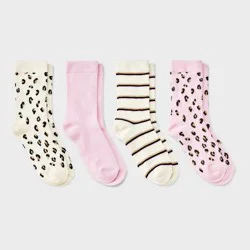 Girls' 4pk Leopard Super Soft Crew Socks - Cat & Jack™ Pink L