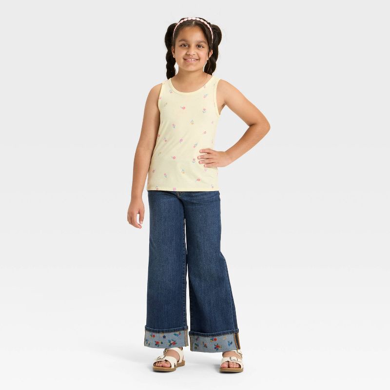 slide 3 of 4, Girls' Mid-Rise Floral Embroidered Cuff Wide Leg Jeans - Cat & Jack™ Dark Wash 4, 1 ct