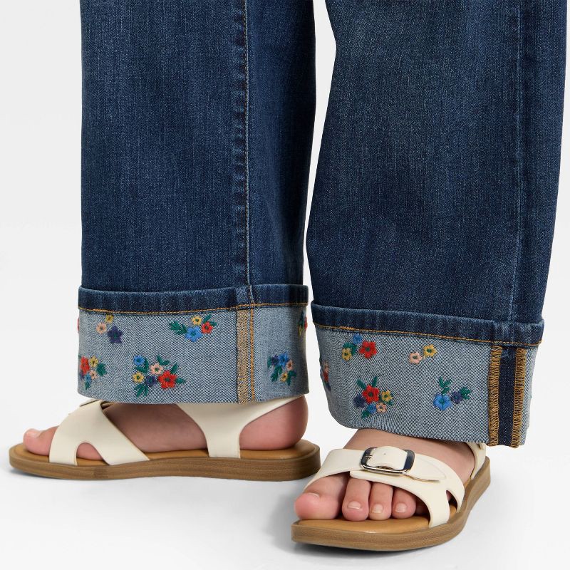 slide 4 of 4, Girls' Mid-Rise Floral Embroidered Cuff Wide Leg Jeans - Cat & Jack™ Dark Wash 4, 1 ct