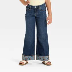 Girls' Mid-Rise Floral Embroidered Cuff Wide Leg Jeans - Cat & Jack™ Dark Wash 16
