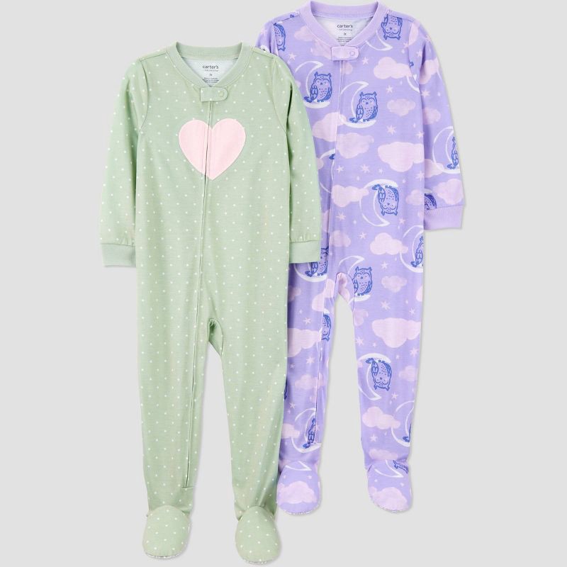 slide 1 of 4, Carter's Just One You® Toddler Girls' 2pk Cotton Long Sleeve Heart Footed Pajama - Purple/Sage Green 3T, 2 ct