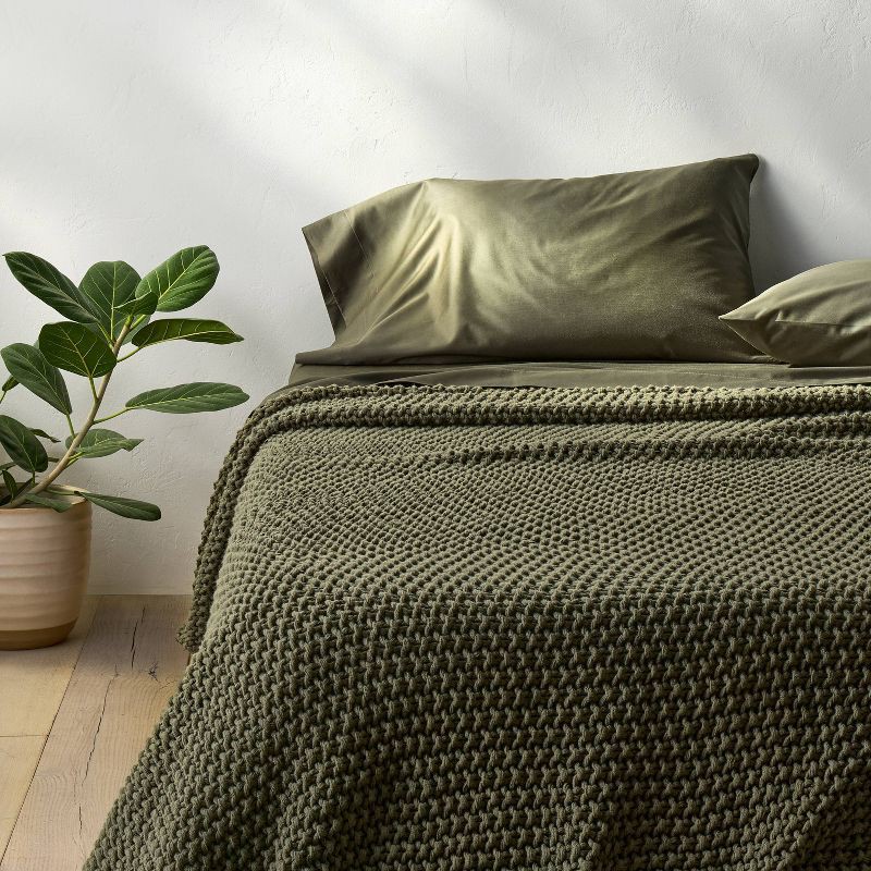 slide 1 of 5, Full/Queen Chunky Knit Blanket Olive Green - Casaluna™, 1 ct