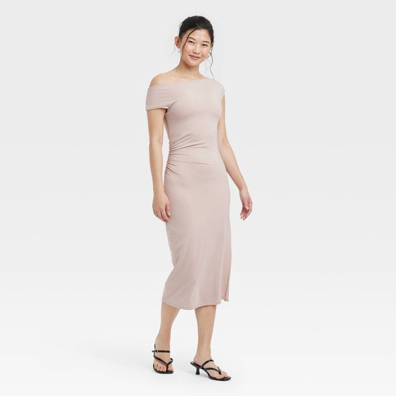 slide 3 of 3, Women's Knit Midi Dress - A New Day™ Bronze L: Off Shoulder, Sleeveless, Pullover, A-Line, Scoop Back, 1 ct