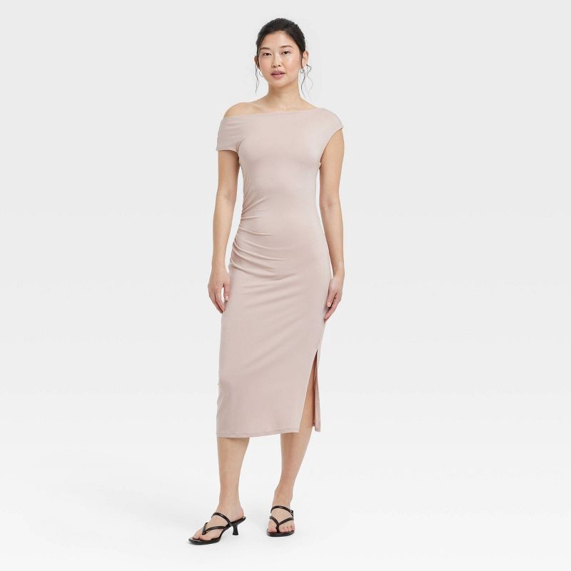 slide 1 of 3, Women's Knit Midi Dress - A New Day™ Bronze L: Off Shoulder, Sleeveless, Pullover, A-Line, Scoop Back, 1 ct