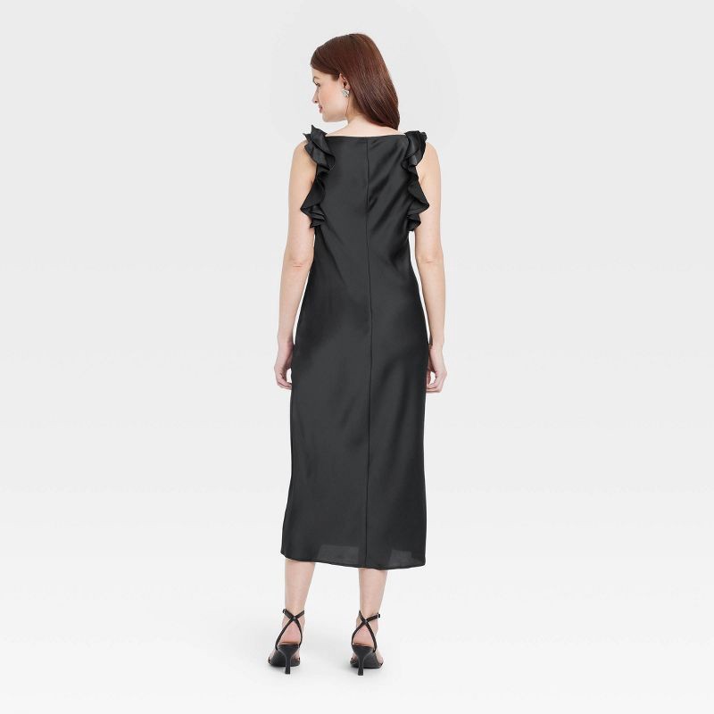 slide 2 of 3, Women's Ruffle Sleeve Satin Maxi Dress - A New Day™ Black XL: Recycled Polyester, Midweight, Pullover, Crew Neck, Solid Pattern, 1 ct