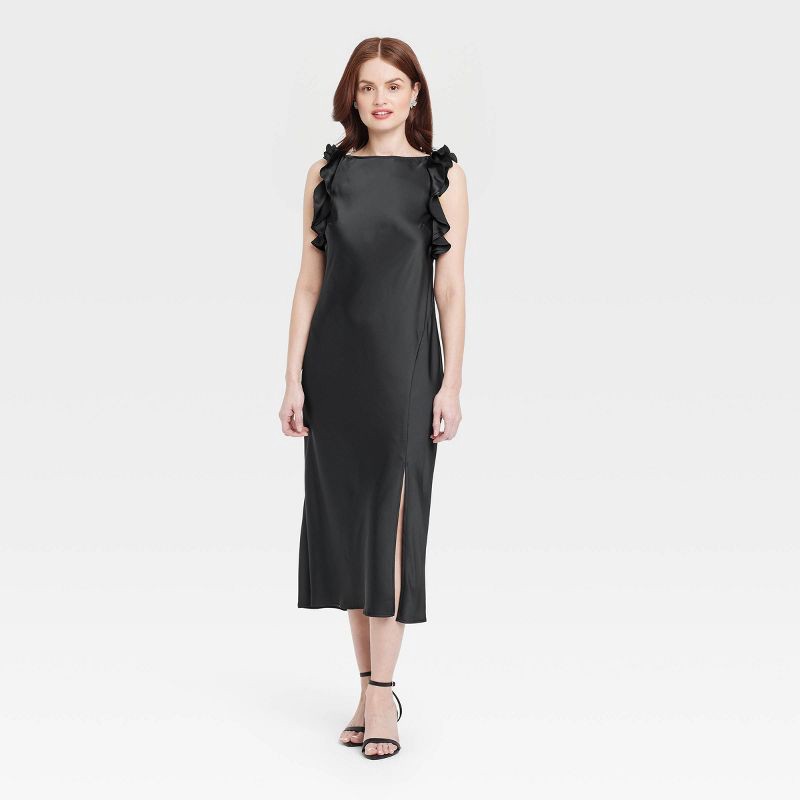 slide 1 of 3, Women's Ruffle Sleeve Satin Maxi Dress - A New Day™ Black XL: Recycled Polyester, Midweight, Pullover, Crew Neck, Solid Pattern, 1 ct
