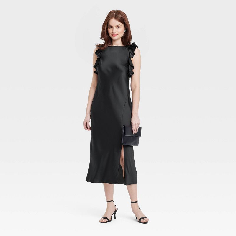 slide 3 of 3, Women's Ruffle Sleeve Satin Maxi Dress - A New Day™ Black XL: Recycled Polyester, Midweight, Pullover, Crew Neck, Solid Pattern, 1 ct