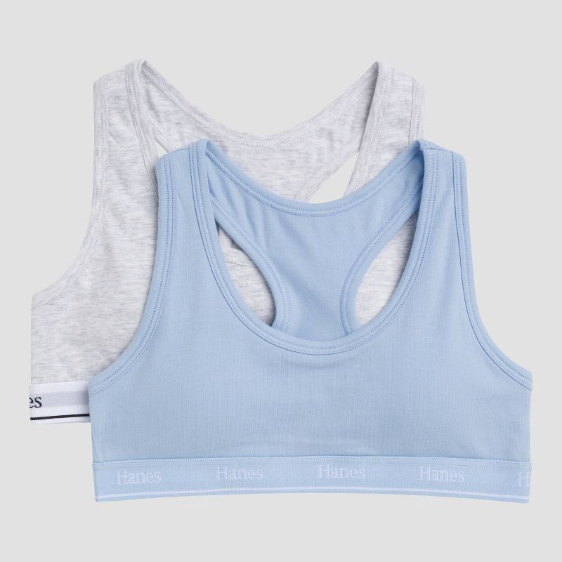 slide 1 of 3, Hanes Girls' 2pk Cotton Sports Bra - Gray/Blue M, 2 ct