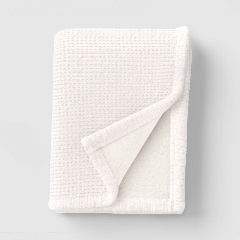 slide 1 of 5, Chenille Knit Throw Blanket with Faux Shearling Reverse Ivory - Threshold™, 1 ct
