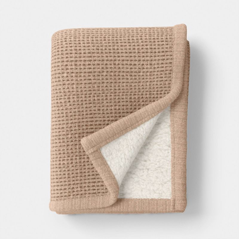 slide 1 of 5, Chenille Knit Throw Blanket with Faux Shearling Reverse Tan - Threshold™, 1 ct