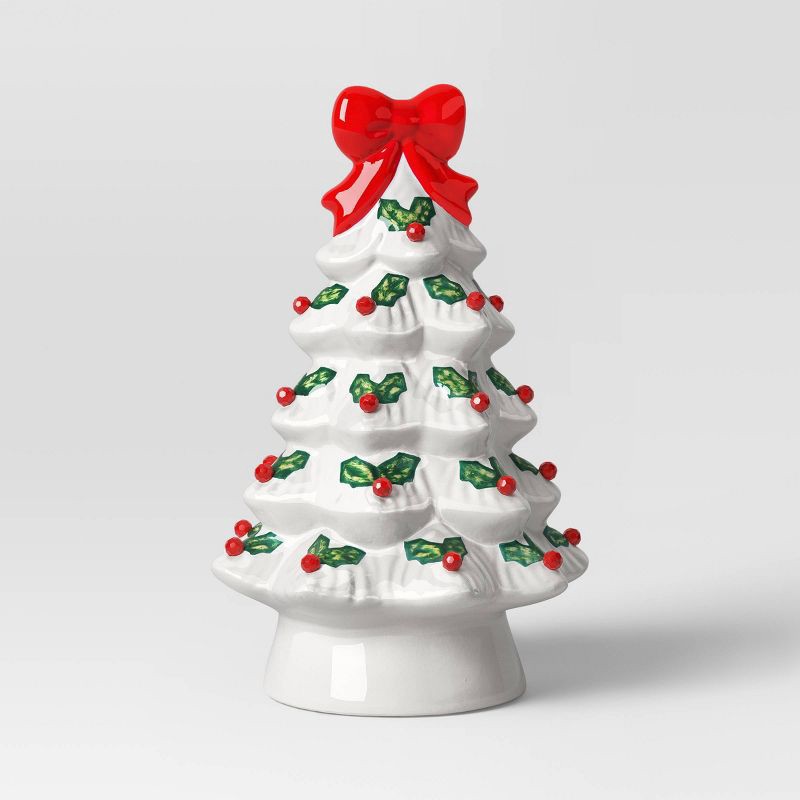 slide 3 of 4, 12" Lit Ceramic White Christmas Tree with Red Bow - Wondershop™, 1 ct