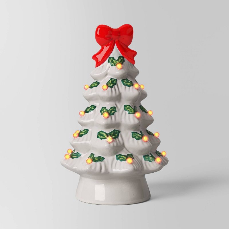slide 1 of 4, 12" Lit Ceramic White Christmas Tree with Red Bow - Wondershop™, 1 ct