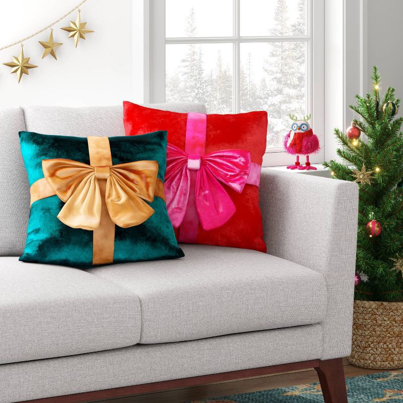 slide 2 of 4, 16"x6" Christmas Green Velvet Square Pillow with Teal Bow - Wondershop™, 1 ct