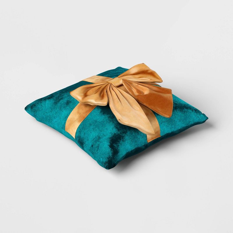 slide 3 of 4, 16"x6" Christmas Green Velvet Square Pillow with Teal Bow - Wondershop™, 1 ct