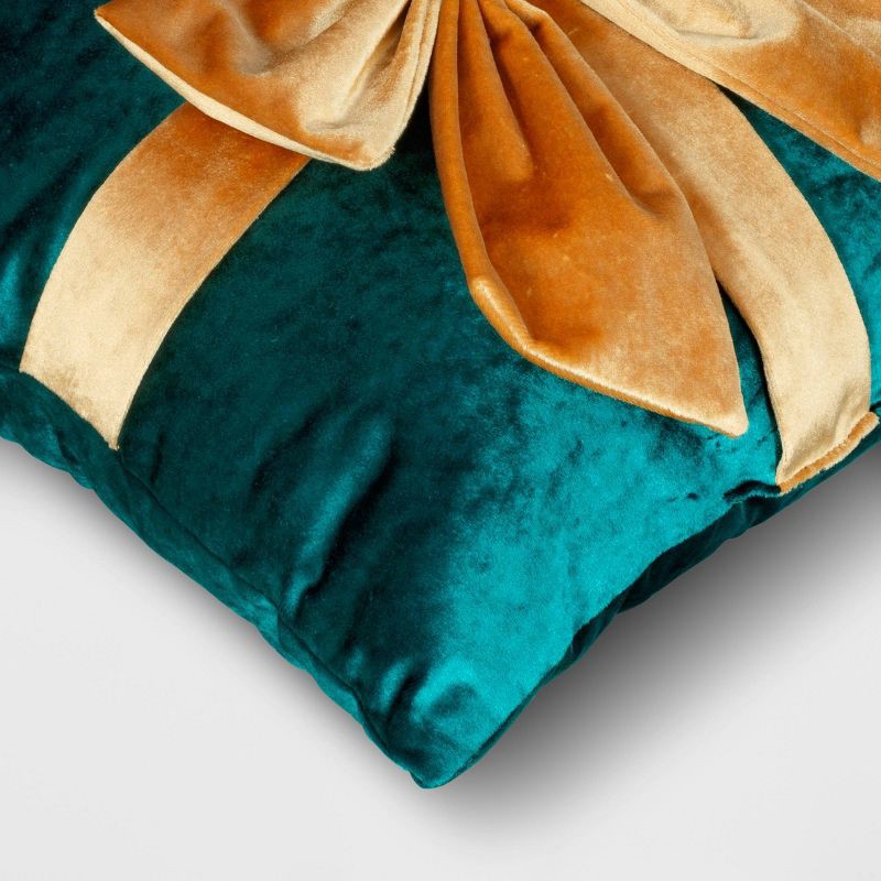 slide 4 of 4, 16"x6" Christmas Green Velvet Square Pillow with Teal Bow - Wondershop™, 1 ct