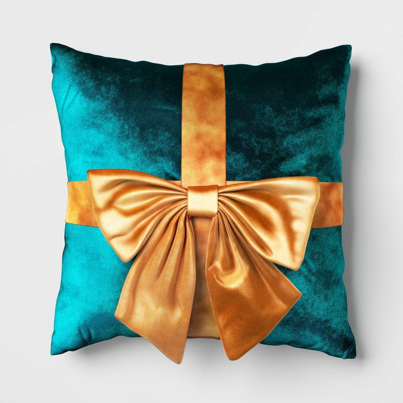 slide 1 of 4, 16"x6" Christmas Green Velvet Square Pillow with Teal Bow - Wondershop™, 1 ct
