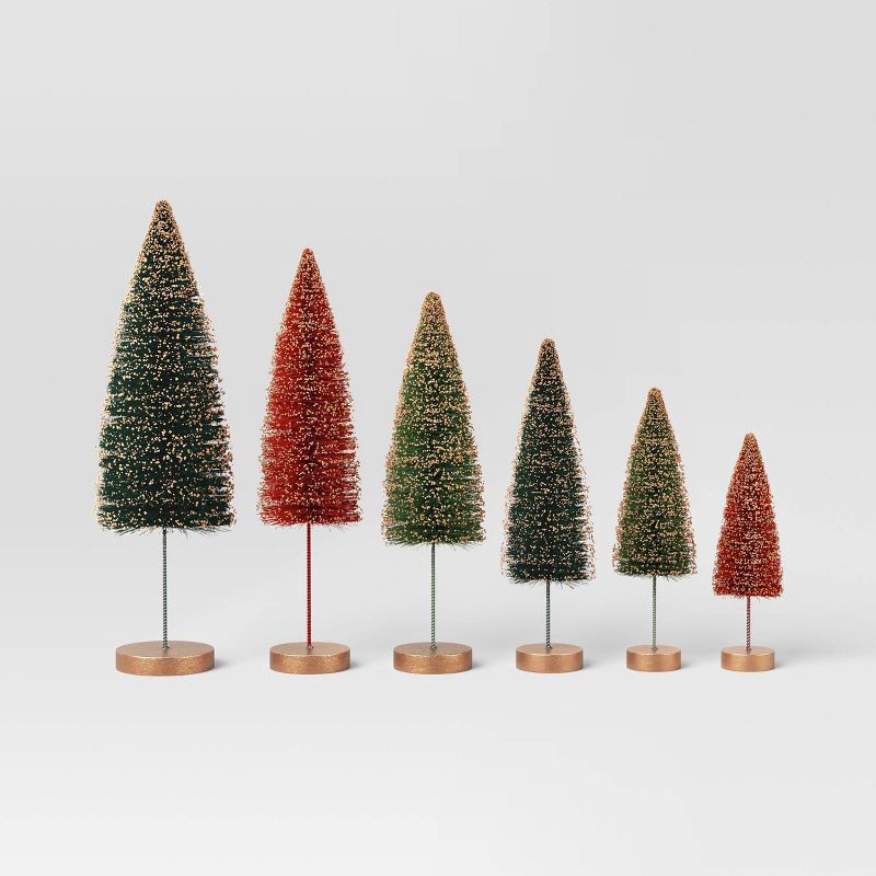 slide 1 of 3, 6pc Sisal Bottle Brush Tree Christmas Figurine Set Green/Red - Wondershop™, 6 ct