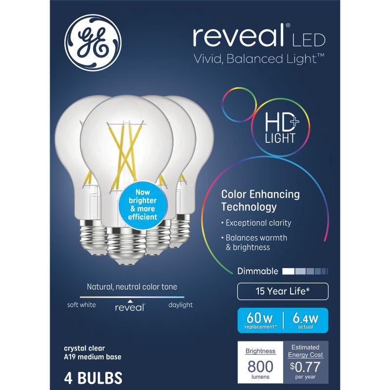 slide 1 of 3, GE Household Lighting GE 60W 4pk Reveal LED Light Bulbs, 4 ct