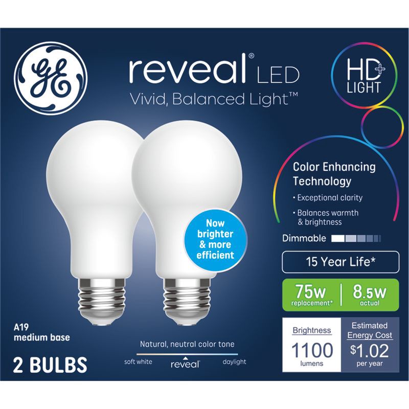 slide 1 of 4, GE Household Lighting GE 2pk 75W A21 Reveal Light Bulbs, 2 ct