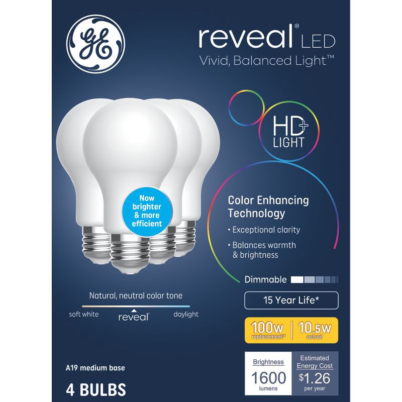slide 1 of 3, GE Household Lighting GE 4pk Reveal LED 100W Bulb Frosted A19 New, 4 ct