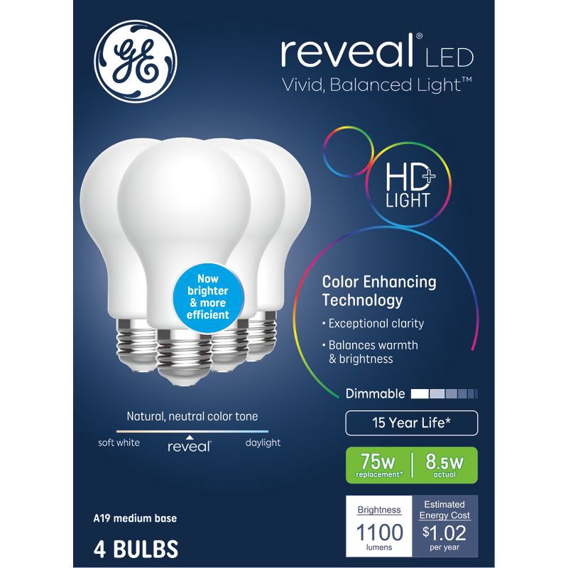 slide 1 of 3, GE Household Lighting GE 4pk 75W A19 Reveal Light Bulbs Frosted, 4 ct