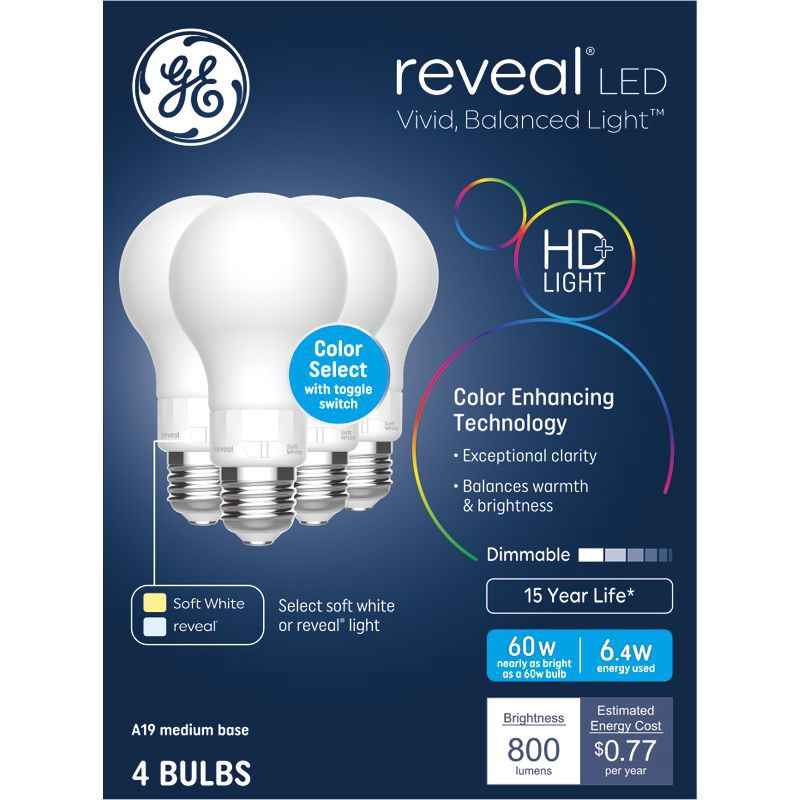 slide 1 of 3, GE Household Lighting GE 4pk Reveal LED Color Select 60W A19 White, 4 ct