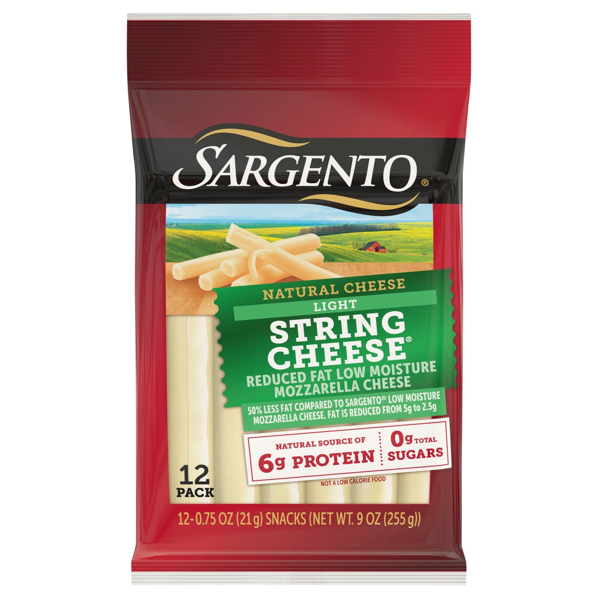 slide 1 of 62, Sargento Reduced Fat Low Moisture Part-Skim Mozzarella Natural Cheese Light String Cheese Snacks, 12-Count, 9 oz, 9 oz