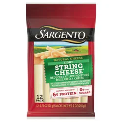 Sargento Reduced Fat Low Moisture Part-Skim Mozzarella Natural Cheese Light String Cheese Snacks, 12-Count, 9 oz