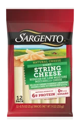 Sargento Reduced Fat Low Moisture Part-Skim Mozzarella Natural Cheese Light String Cheese Snacks, 12-Count, 9 oz