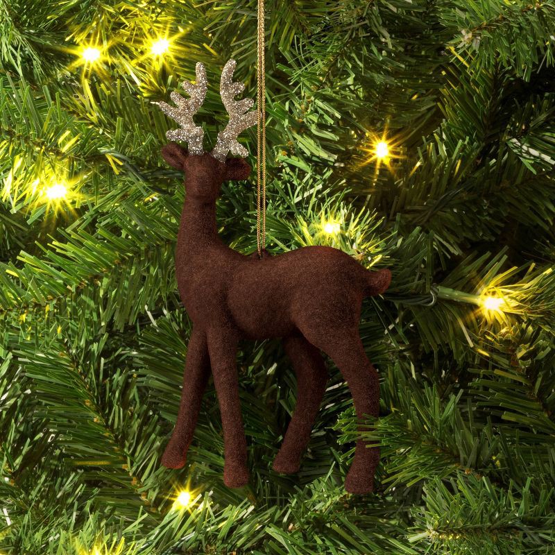 slide 2 of 3, 5.9" Christmas Plastic Dark Brown Flocked Deer with Glitter Antler Ornaments - Wondershop™, 1 ct