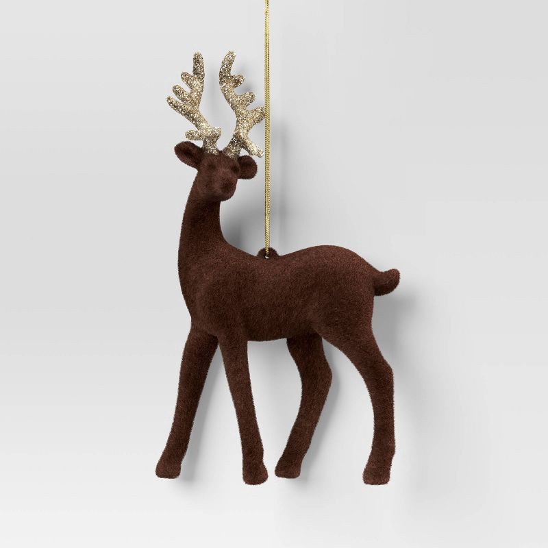 slide 1 of 3, 5.9" Christmas Plastic Dark Brown Flocked Deer with Glitter Antler Ornaments - Wondershop™, 1 ct