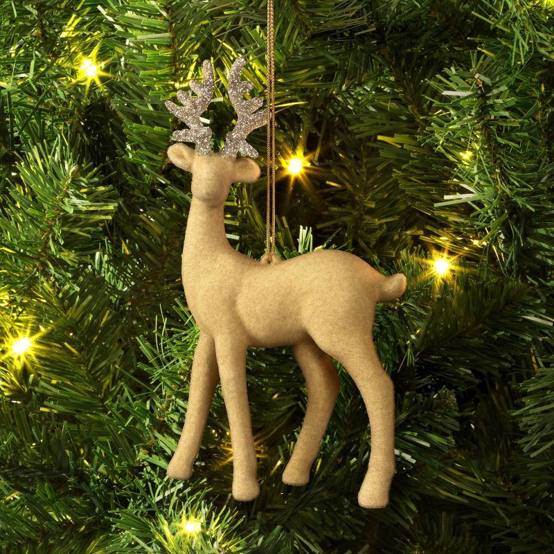 slide 2 of 3, 5.9" Christmas Plastic Light Brown Flocked Deer with Glitter Antler Ornaments - Wondershop™, 1 ct