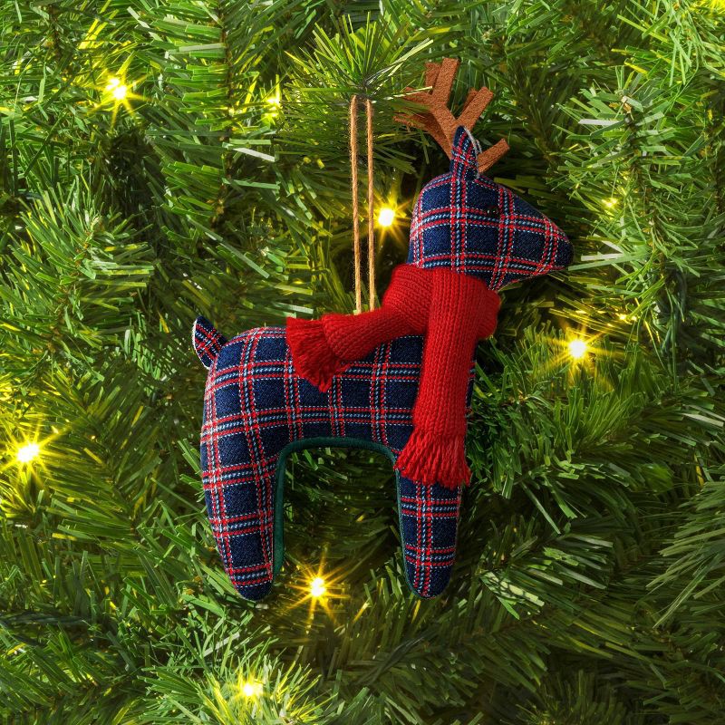 slide 2 of 3, Christmas Fabric Deer Ornament Blue Plaid - Wondershop™, 1 ct