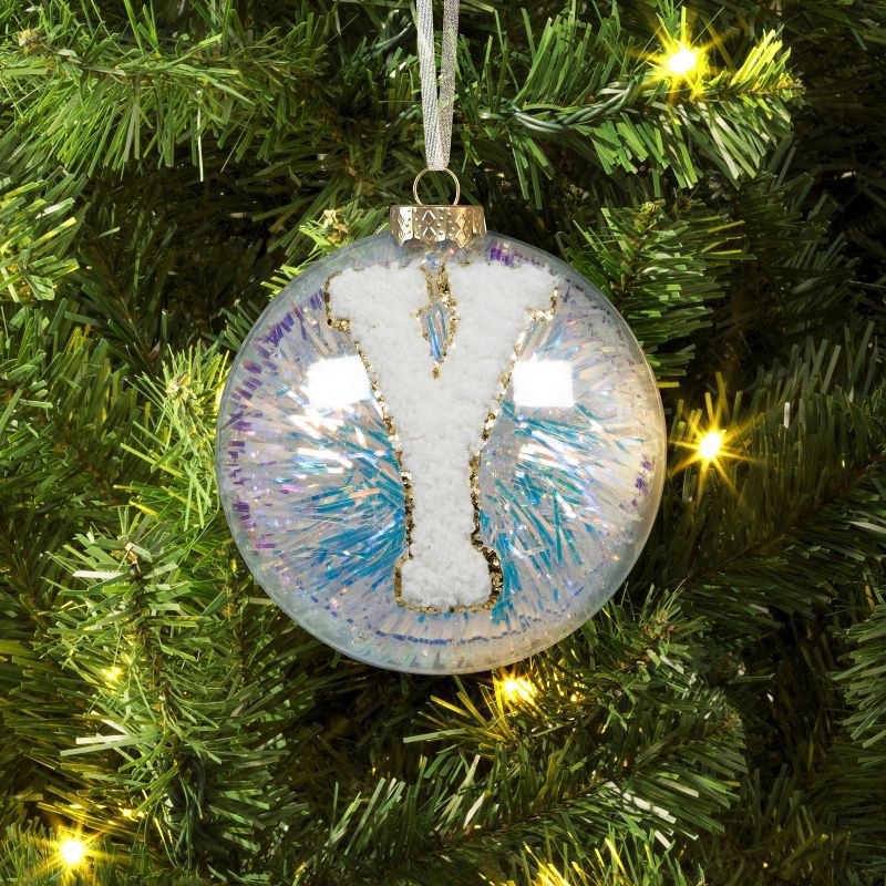 slide 2 of 3, Christmas Monogram Plastic Tinsel Ball Y Ornament - Wondershop™, 1 ct