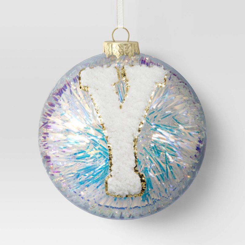 slide 1 of 3, Christmas Monogram Plastic Tinsel Ball Y Ornament - Wondershop™, 1 ct