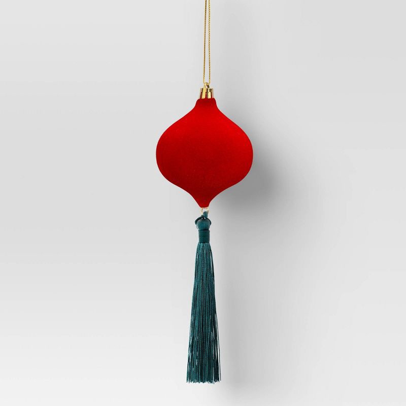 slide 1 of 3, Christmas Onion Shaped Flocked Dark Red Ornament with Green Tassle - Wondershop™, 1 ct