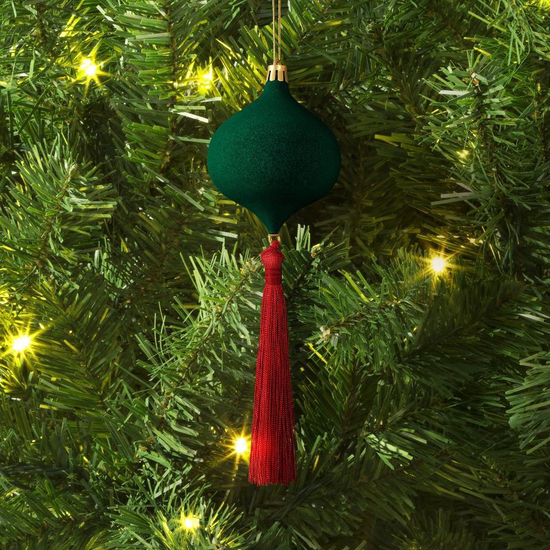 slide 2 of 3, Christmas Onion Shaped Flocked Dark Green Ornament with Tassle - Wondershop™, 1 ct