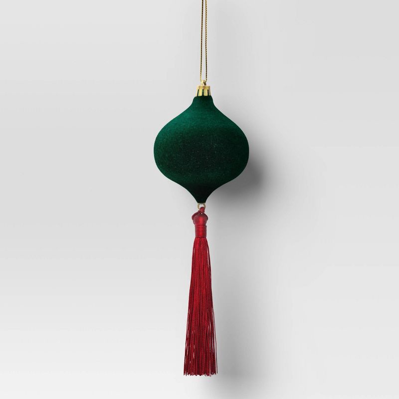 slide 1 of 3, Christmas Onion Shaped Flocked Dark Green Ornament with Tassle - Wondershop™, 1 ct