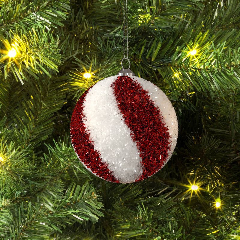 slide 2 of 3, Christmas Tinsel Ball Peppermint Red and White Ornament - Wondershop™, 1 ct