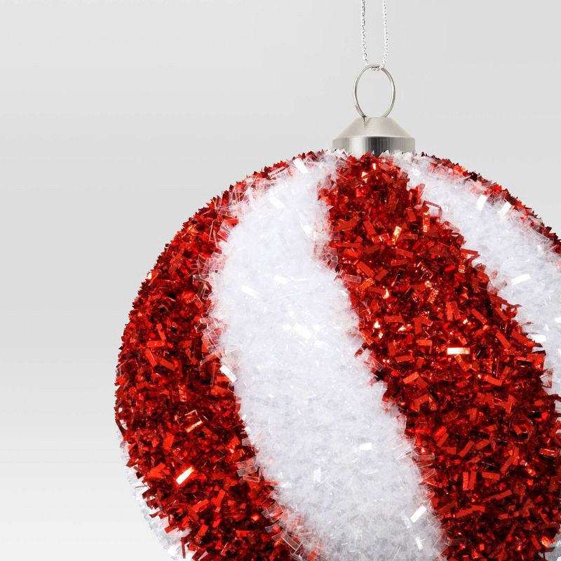 slide 3 of 3, Christmas Tinsel Ball Peppermint Red and White Ornament - Wondershop™, 1 ct
